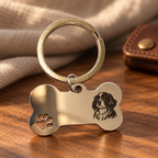 Personalised bone-shaped keyring with spaniel engraving, warm lifestyle styling