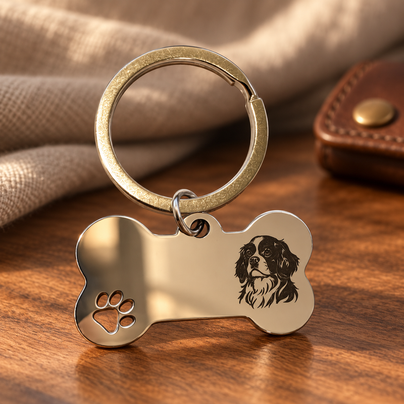 Personalised bone-shaped keyring with spaniel engraving, warm lifestyle styling