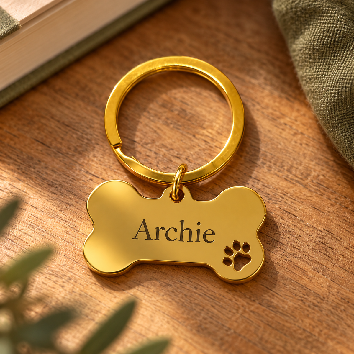 Gold bone keyring with sample Archie engraving