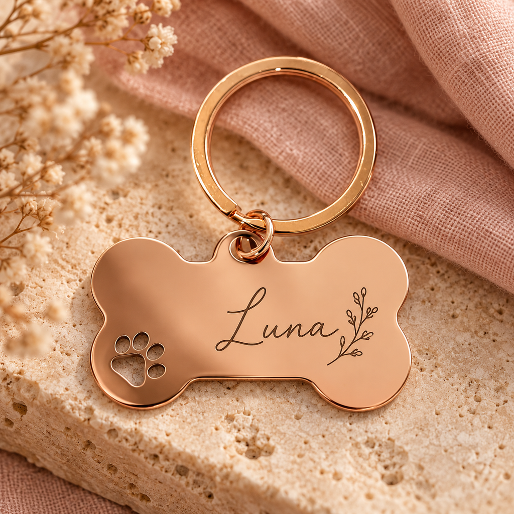 Rose gold bone keyring with sample Luna botanical engraving