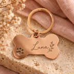 Rose gold bone keyring with sample Luna botanical engraving