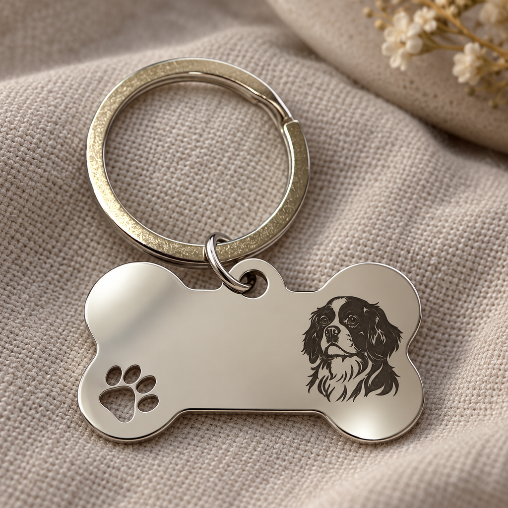 Detail of spaniel engraving and paw-shaped cut-out