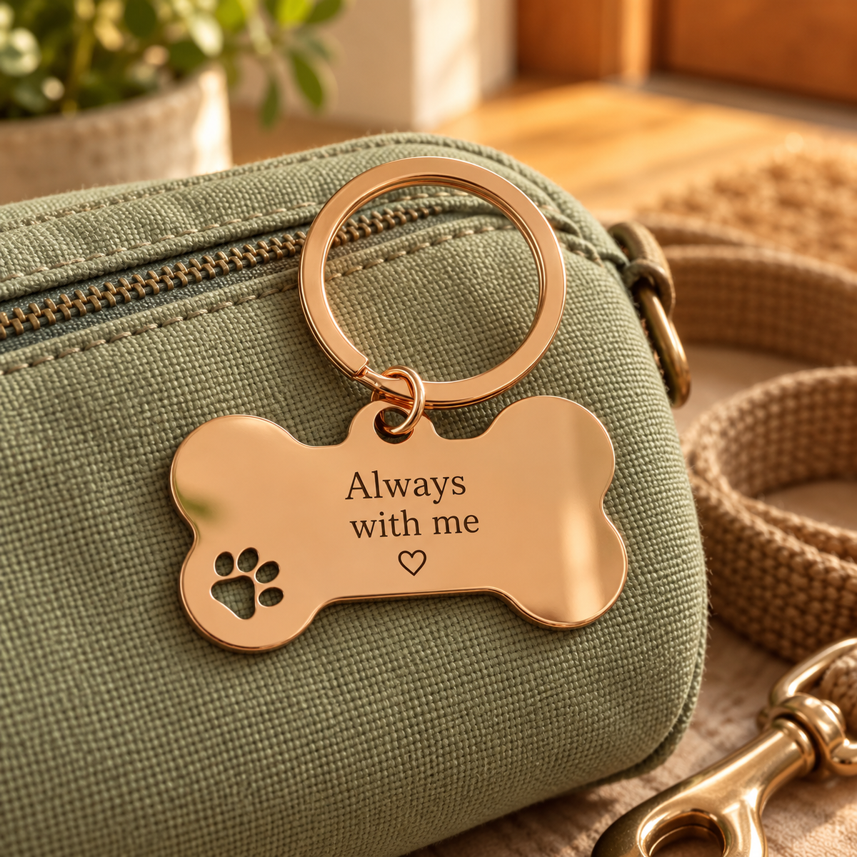 Rose gold bone keyring with sample Always with me message; styling props not included