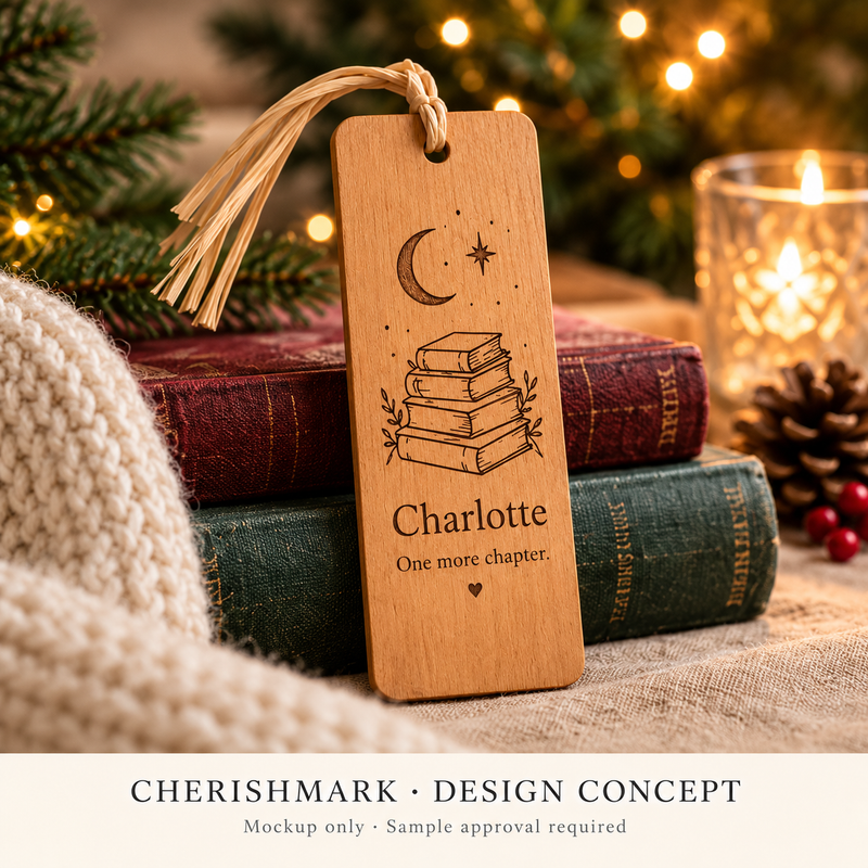 Original bookmark personalised product design concept; AI-generated mockup, not a finished-product photograph.