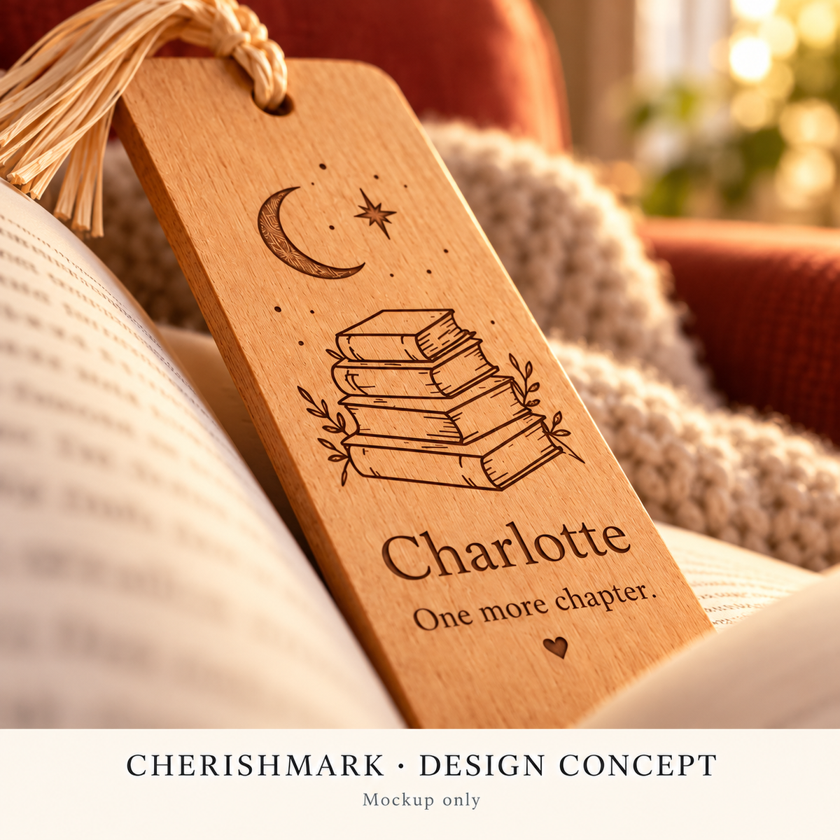 CherishMark bookmark: original AI-generated design concept, not an actual product photograph, manufacturing proof or physical scale reference. Styling props not included.