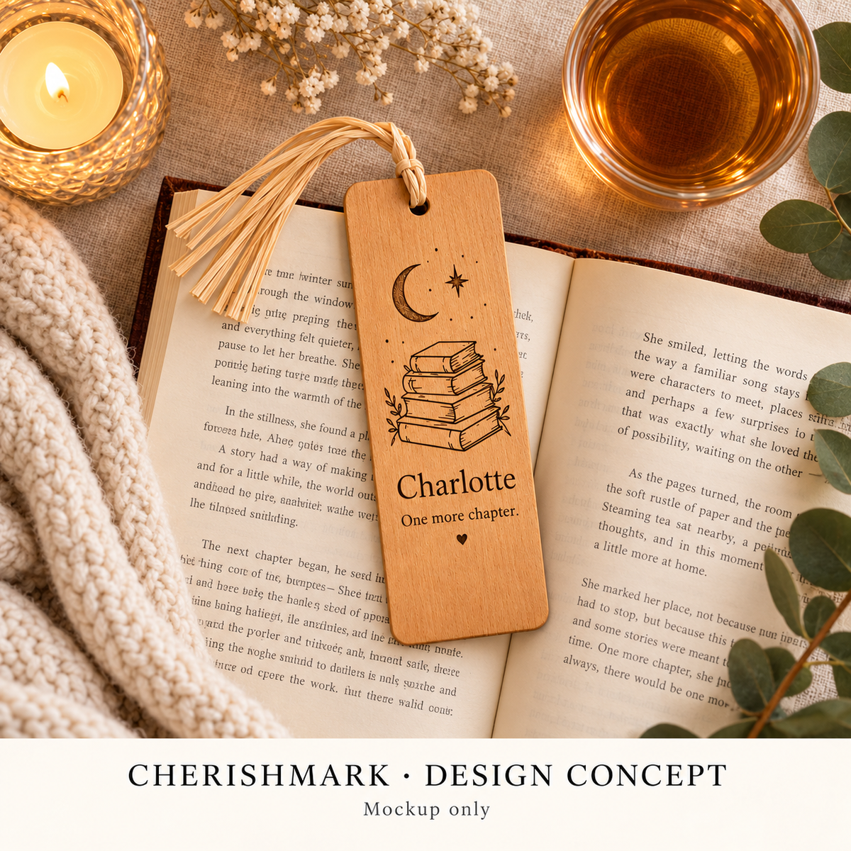 CherishMark bookmark: original AI-generated design concept, not an actual product photograph, manufacturing proof or physical scale reference. Styling props not included.