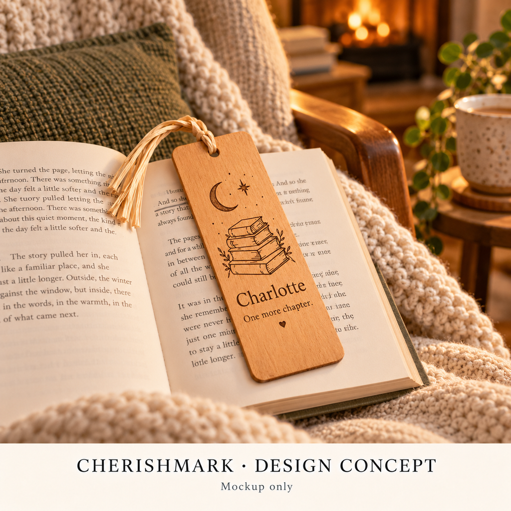 CherishMark bookmark: original AI-generated design concept, not an actual product photograph, manufacturing proof or physical scale reference. Styling props not included.