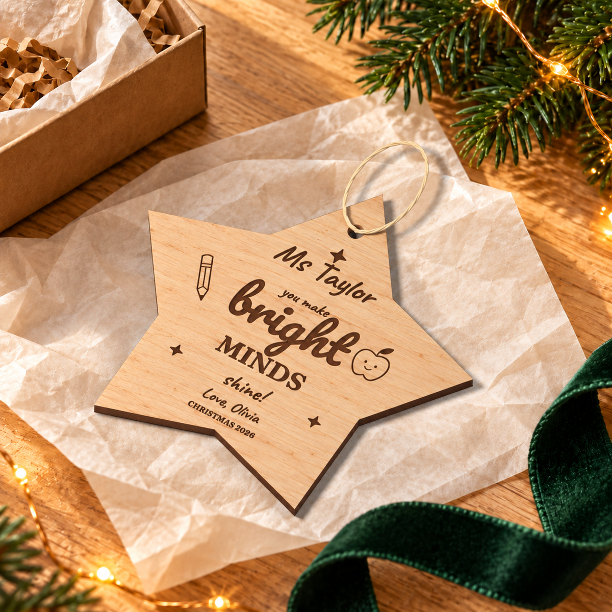 Digital lifestyle visualisation of the Bright Minds teacher star ornament with natural wood grain, engraved lettering and hanging cord; other designs sold separately.