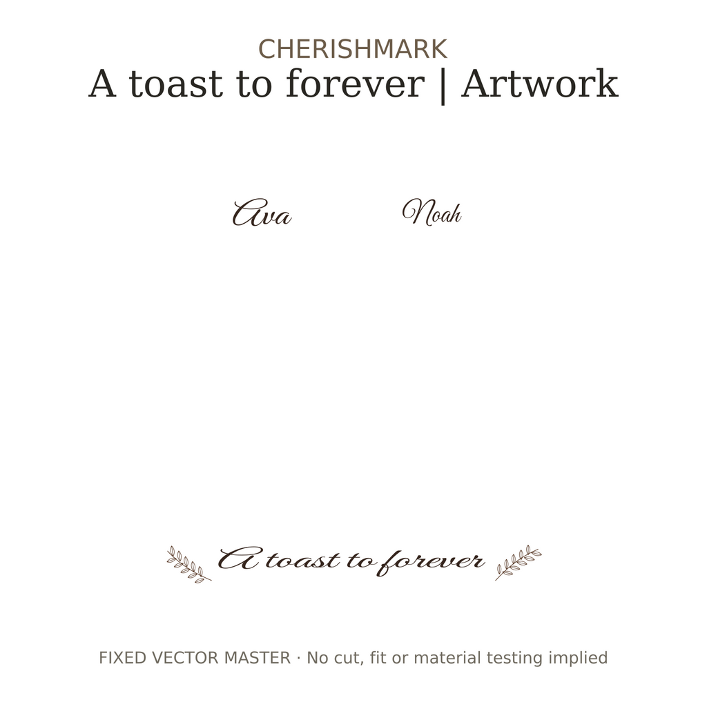 CherishMark Personalised Wooden Champagne Butler & Two Wedding Glasses. Vector illustration generated from the locked reconstructed SVG artwork; not a physical product photograph or manufacturing proof. Flat engraving artwork reference.