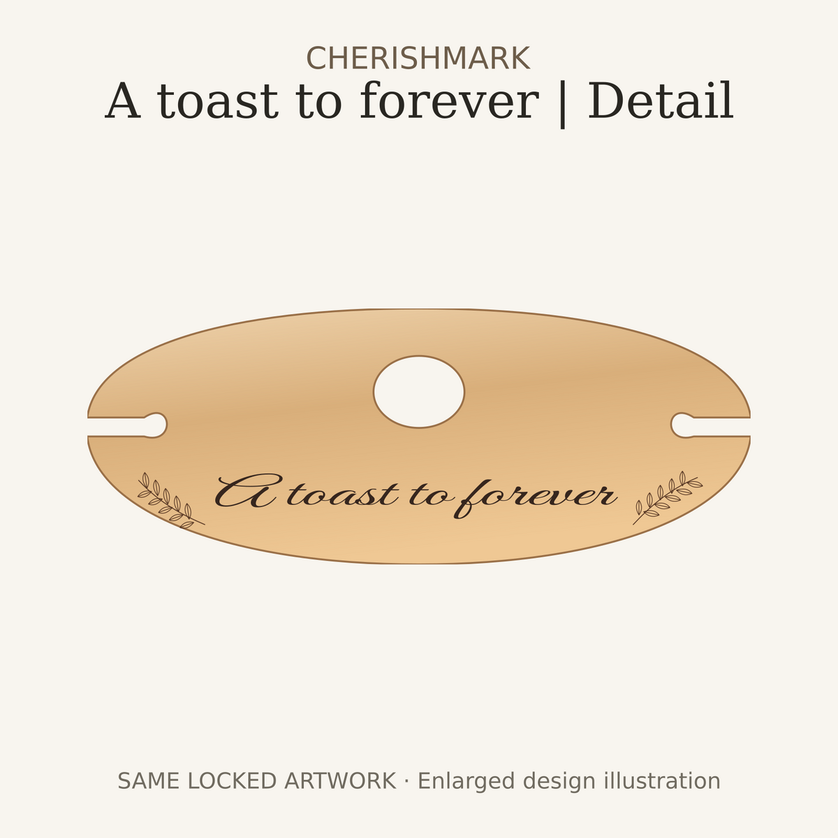 CherishMark Personalised Wooden Champagne Butler & Two Wedding Glasses. Vector illustration generated from the locked reconstructed SVG artwork; not a physical product photograph or manufacturing proof. Enlarged detail of the same artwork.