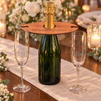 Digital scene visualisation of a personalised cherry wood champagne butler around a bottle neck with two engraved flutes standing on the table. Bottle and styling props not included; not a physical product photograph or manufacturing verification.