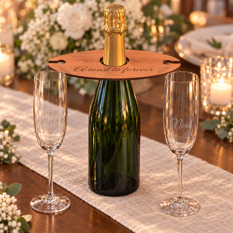 Digital scene visualisation of a personalised cherry wood champagne butler around a bottle neck with two engraved flutes standing on the table. Bottle and styling props not included; not a physical product photograph or manufacturing verification.