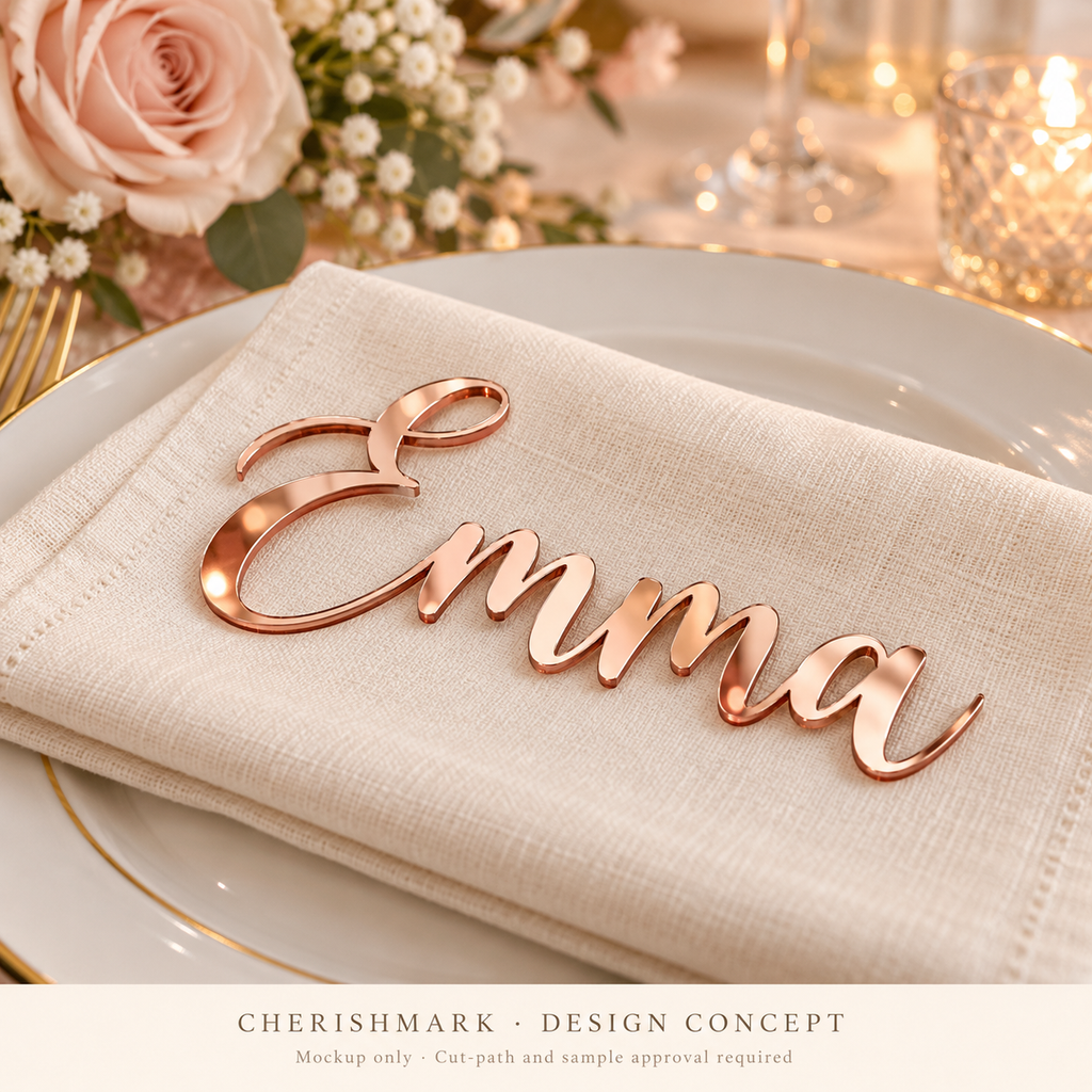 Original cut-name personalised product design concept; AI-generated mockup, not a finished-product photograph.