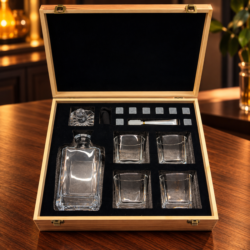 Four-glass whisky decanter and eight stones wooden gift set; 01 warm home bar hero; AI-edited lifestyle setting, props not included.