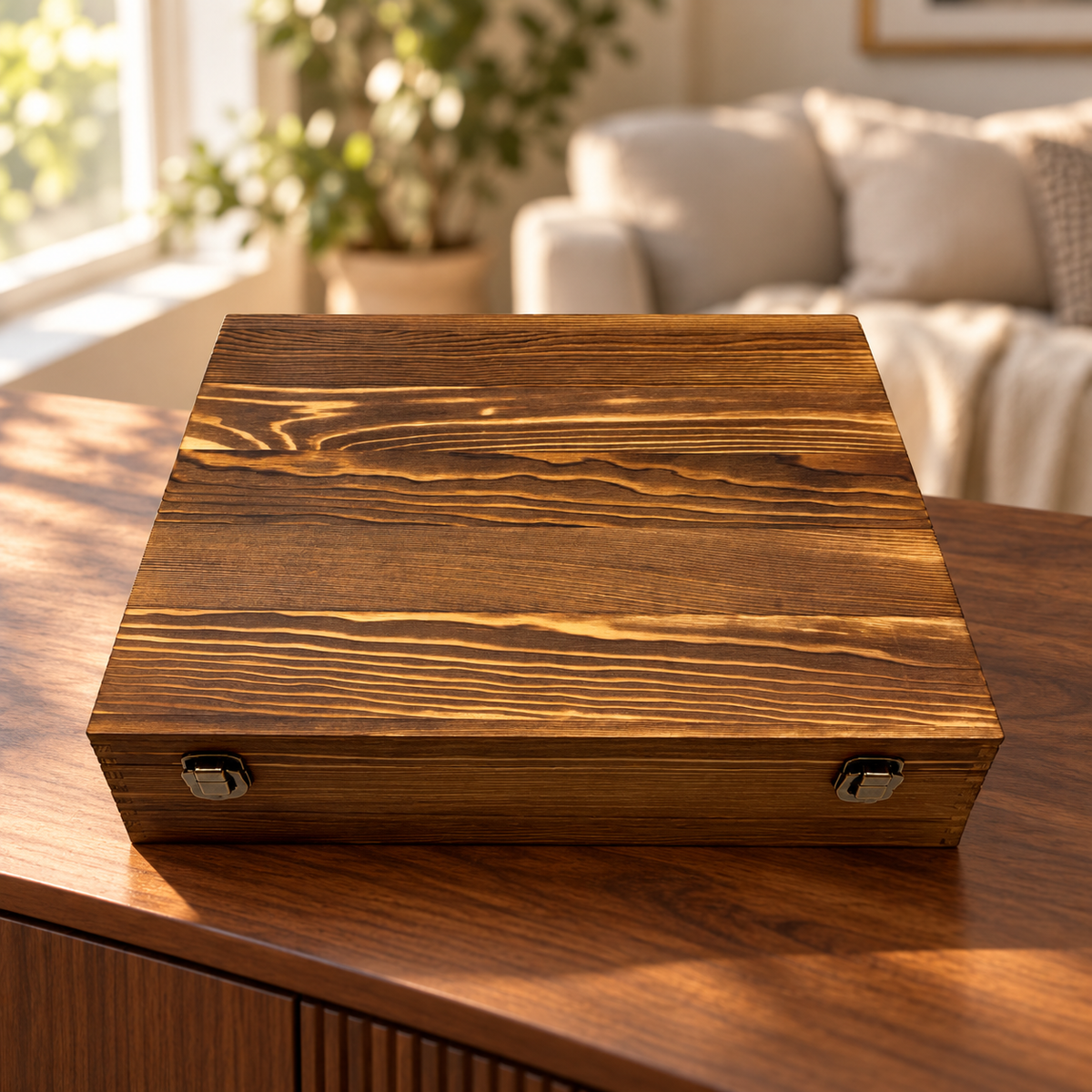 Four-glass whisky decanter and eight stones wooden gift set; 02 closed wooden box; AI-edited lifestyle setting, props not included.