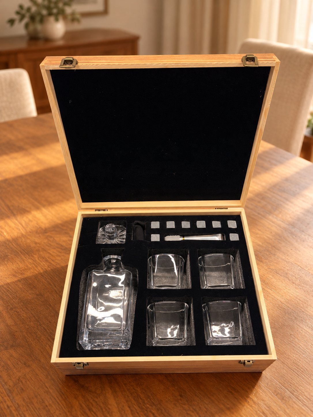 Four-glass whisky decanter and eight stones wooden gift set; 04 dining room context; AI-edited lifestyle setting, props not included.