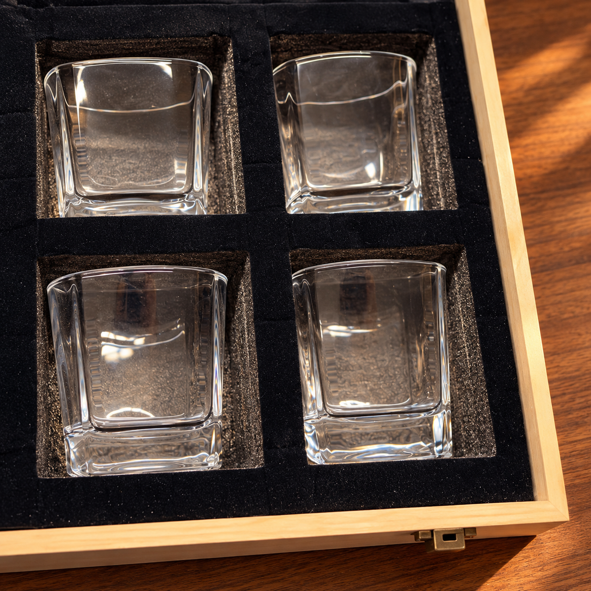 Four-glass whisky decanter and eight stones wooden gift set; 05 four glass detail; AI-edited lifestyle setting, props not included.