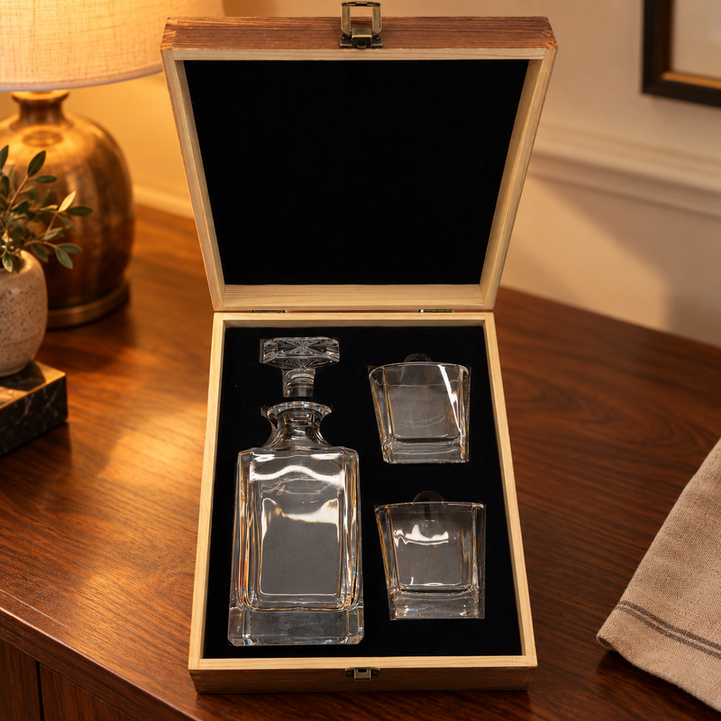 Open wooden whisky decanter gift box with one decanter and two glasses in a warm home setting