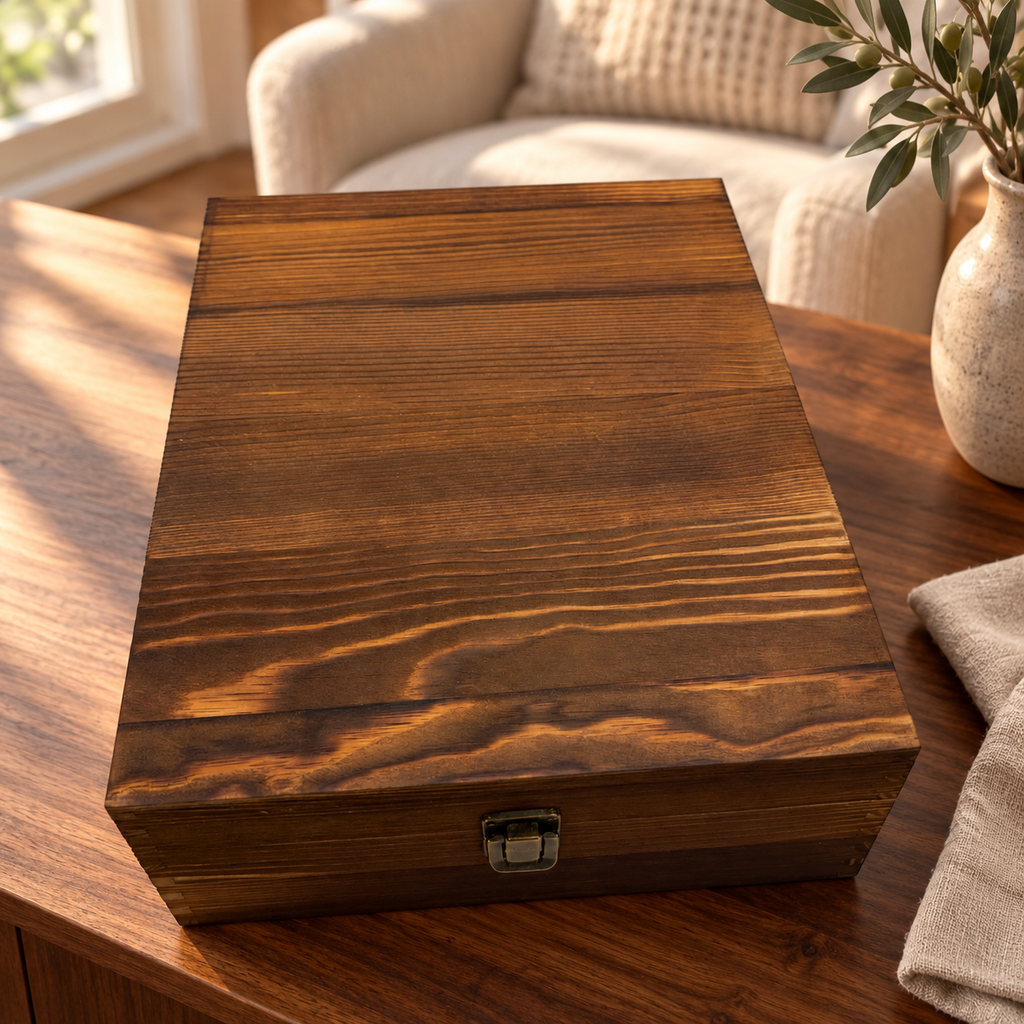 Dark woodgrain gift box with metal clasp on a sunlit sideboard