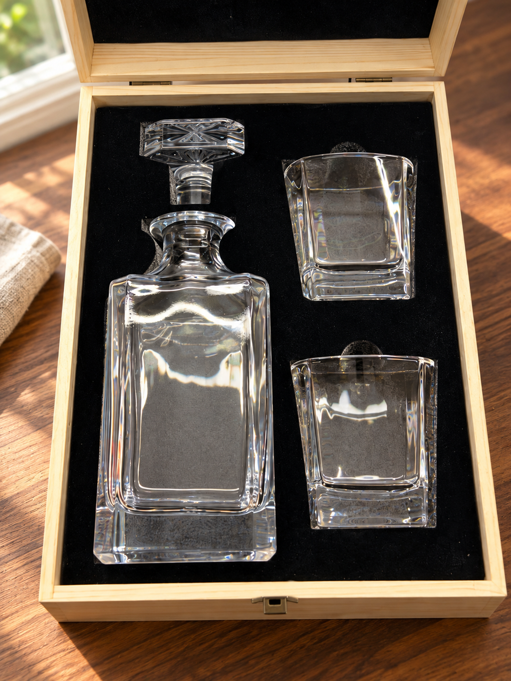 Detail of the clear decanter and two square glasses in black presentation lining