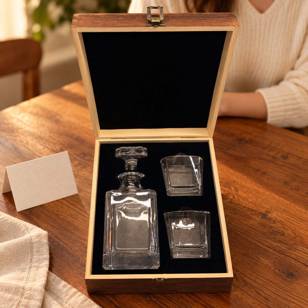 Whisky decanter and two glass gift set shown in a home gift-giving setting; styling props not included