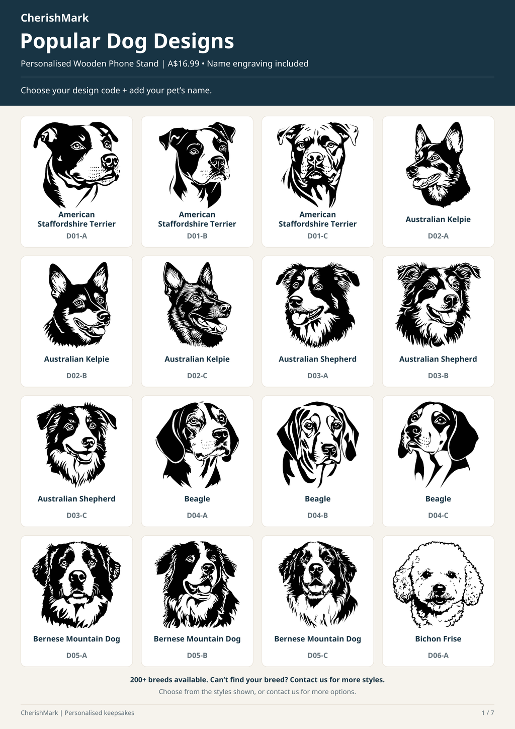 Dog phone stand design chart 1 of 7. Match the D-number breed and A/B/C style code to your selection.