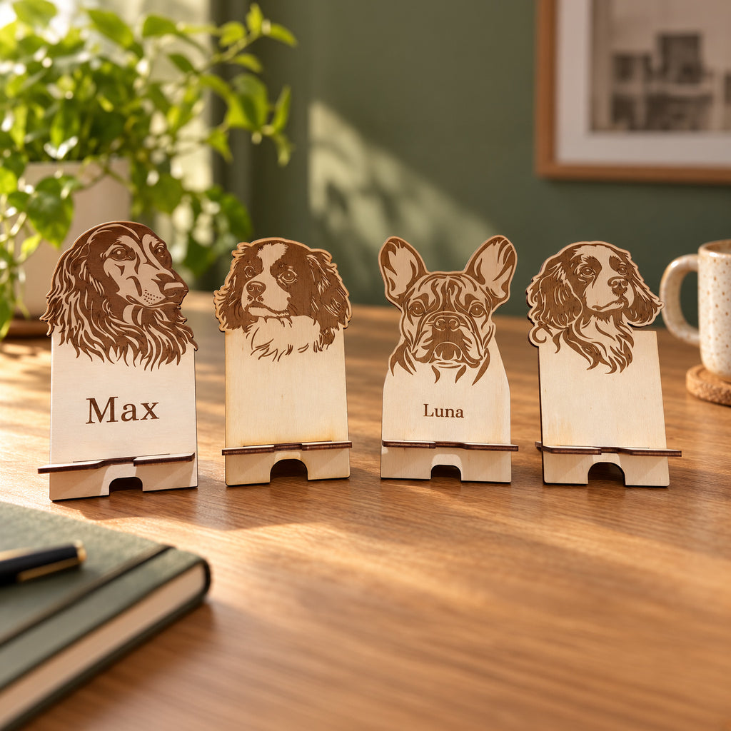 Four sample personalised wooden dog phone stands; price is for one stand. Digitally styled lifestyle image; props not included.