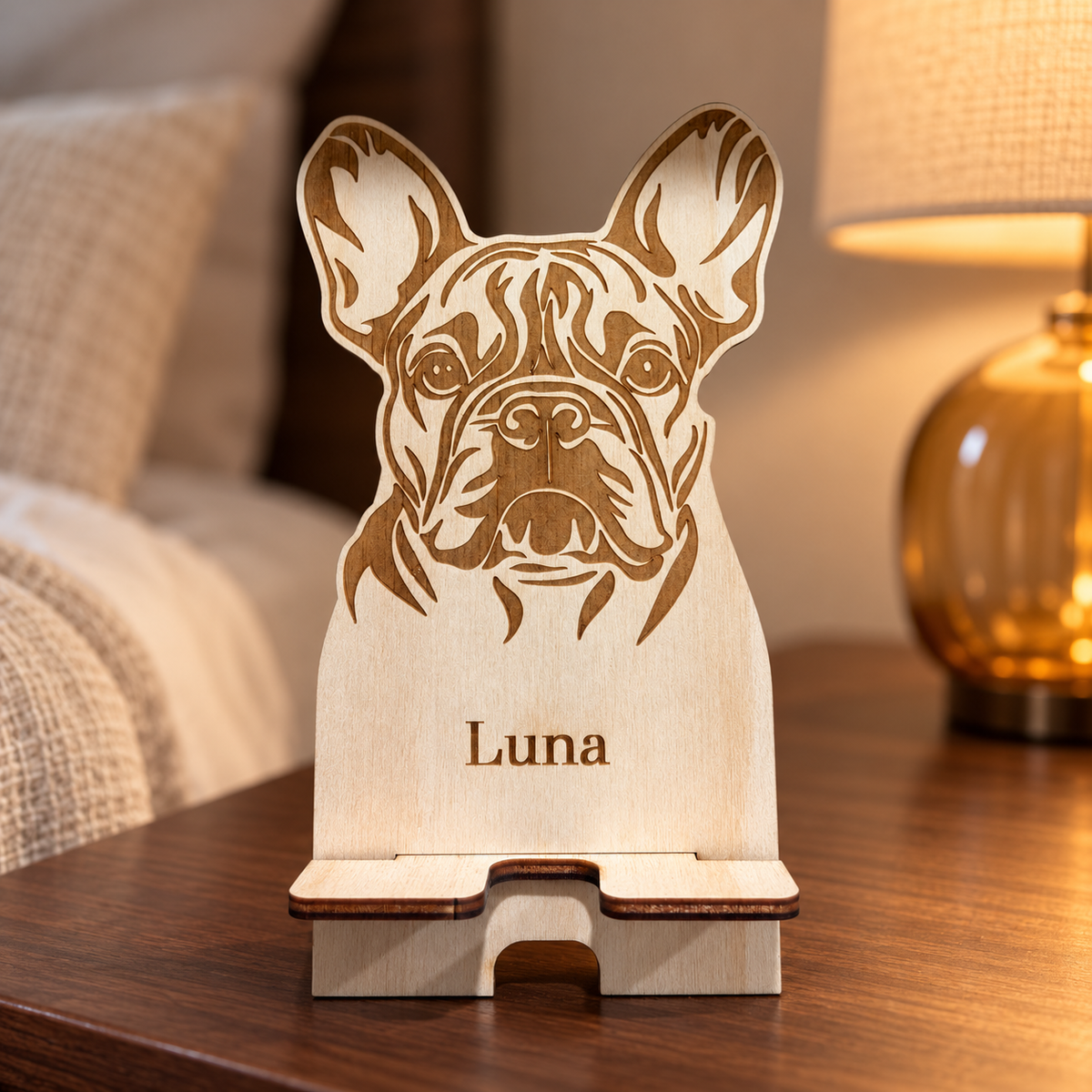 Personalised wooden dog phone stand in a digitally styled setting; name shown is an example, phone and props not included.