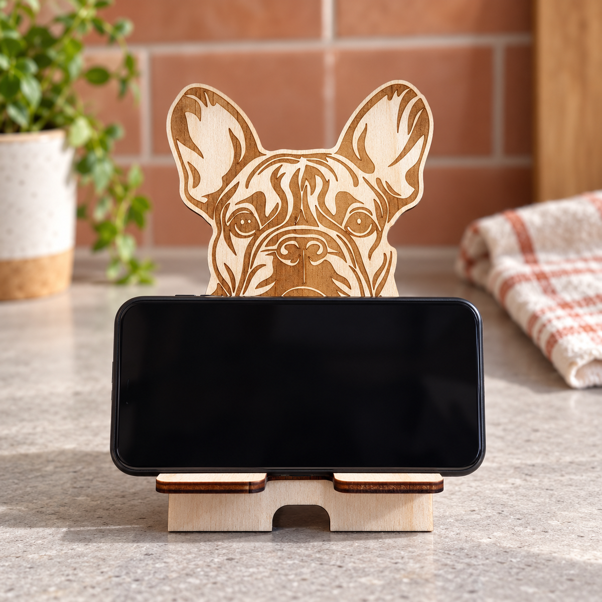 Personalised wooden dog phone stand in a digitally styled setting; name shown is an example, phone and props not included.