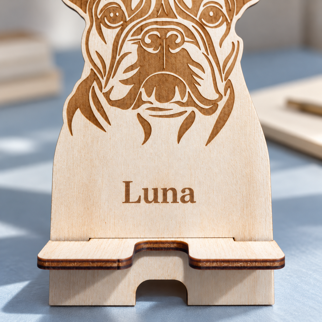 Personalised wooden dog phone stand in a digitally styled setting; name shown is an example, phone and props not included.