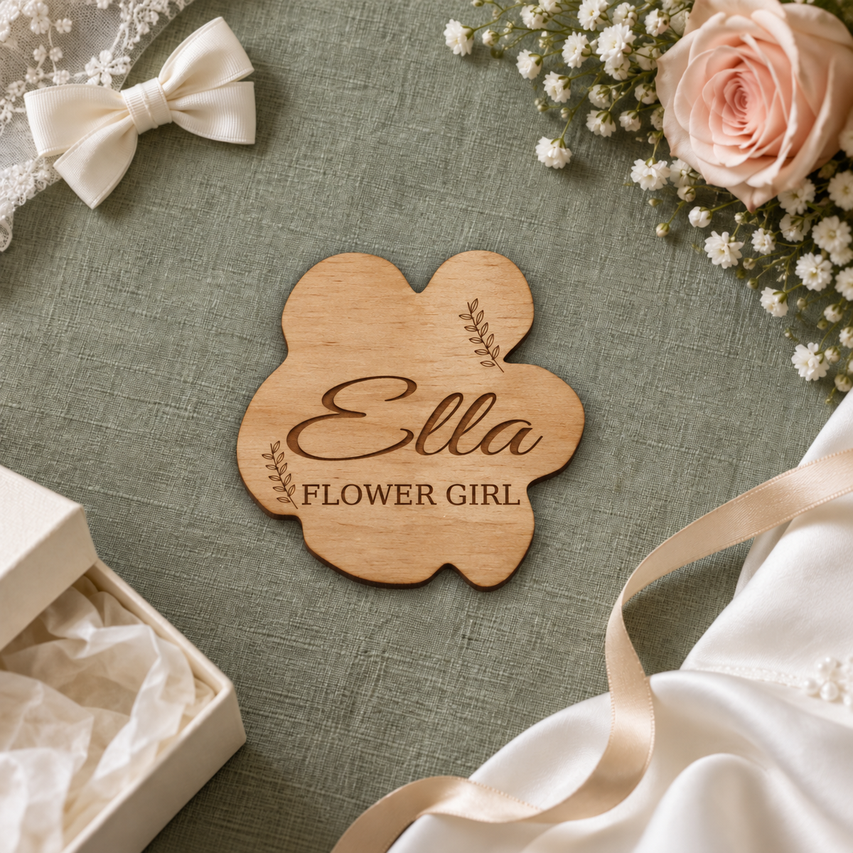 Digital product visualisation of the personalised Ella Flower Girl wooden floral badge; styling props not included.