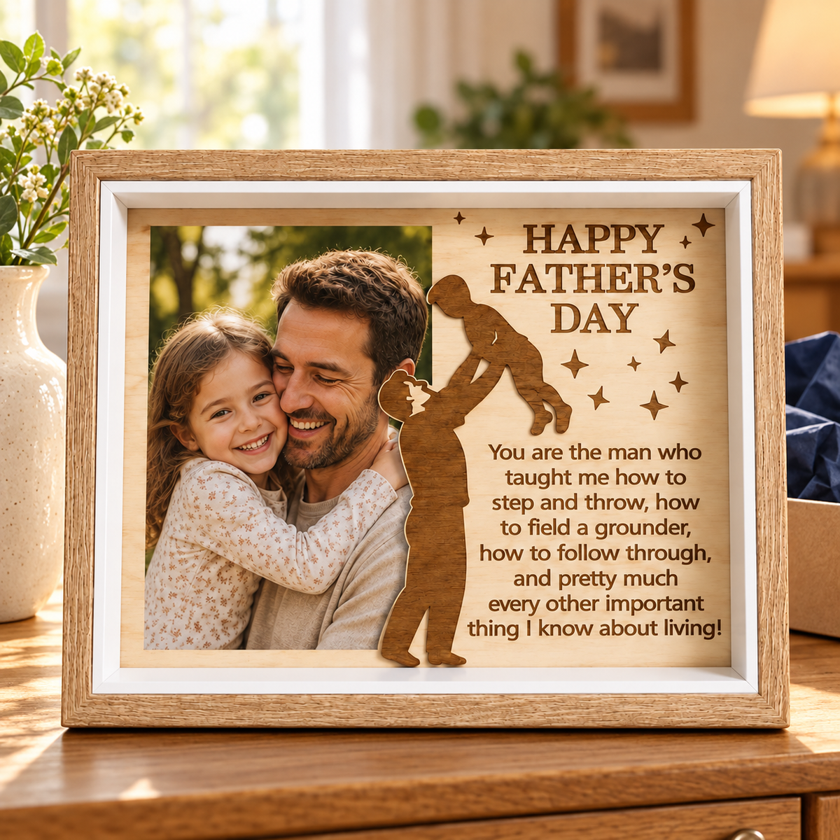 Father's Day wooden photo frame with father and daughter photo example in a home setting — digital scene visualization preserving the supplied product design.