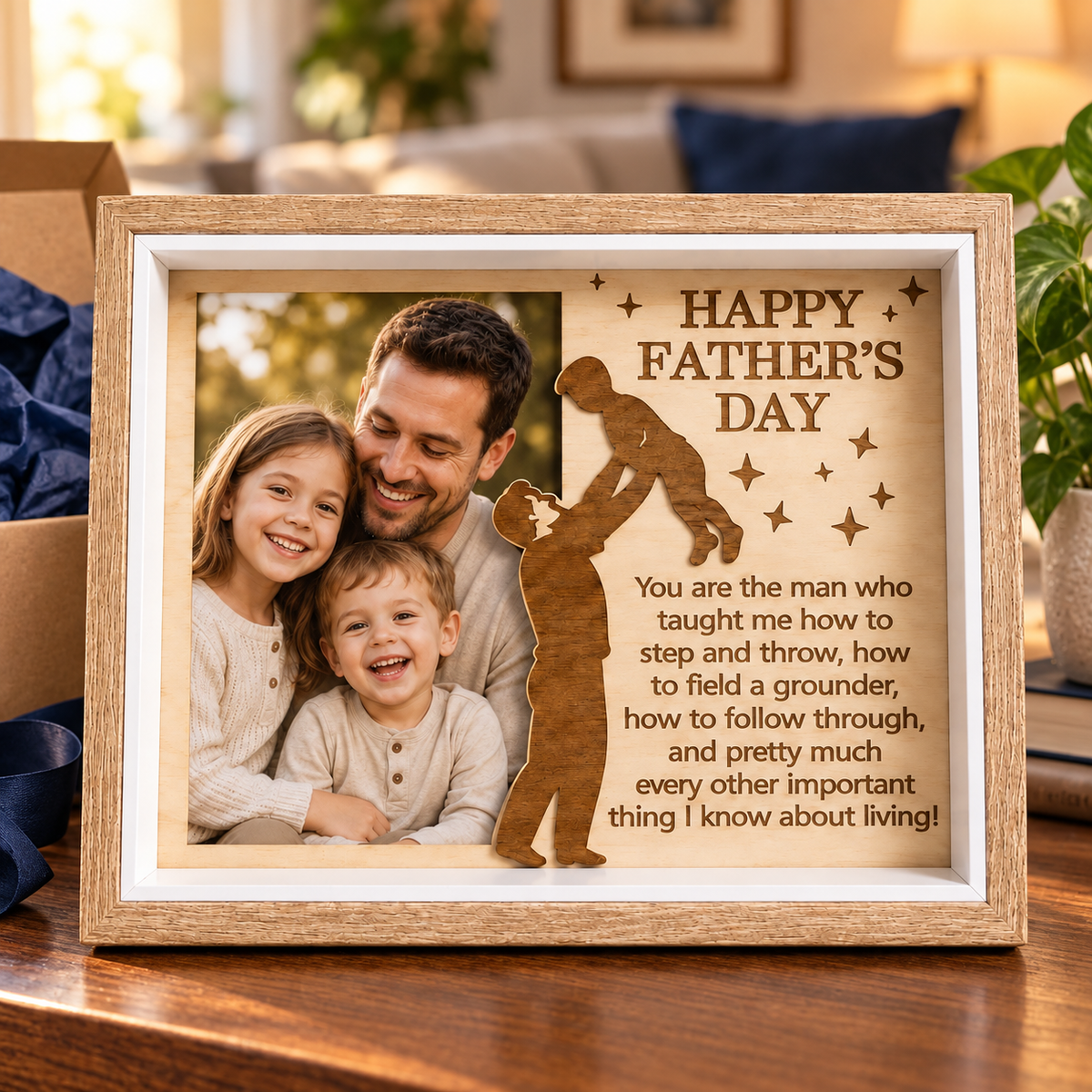 Wooden Father's Day photo frame on a living-room console with gift wrapping — digital scene visualization.