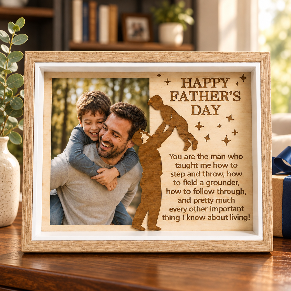 Father's Day wooden photo frame with father and son photo example in a home setting — digital scene visualization preserving the supplied product design.