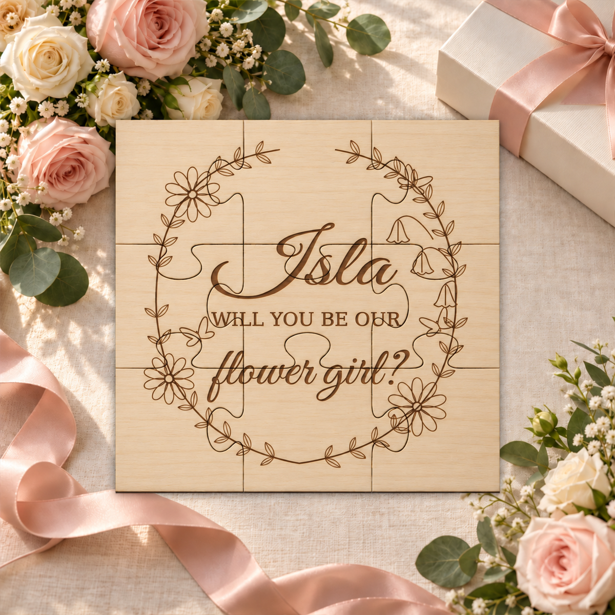 Isla nine-piece flower girl proposal puzzle in pale basswood tones — digital scene visualisation, not an actual product photograph or exact production colour guarantee. Styling props not included.
