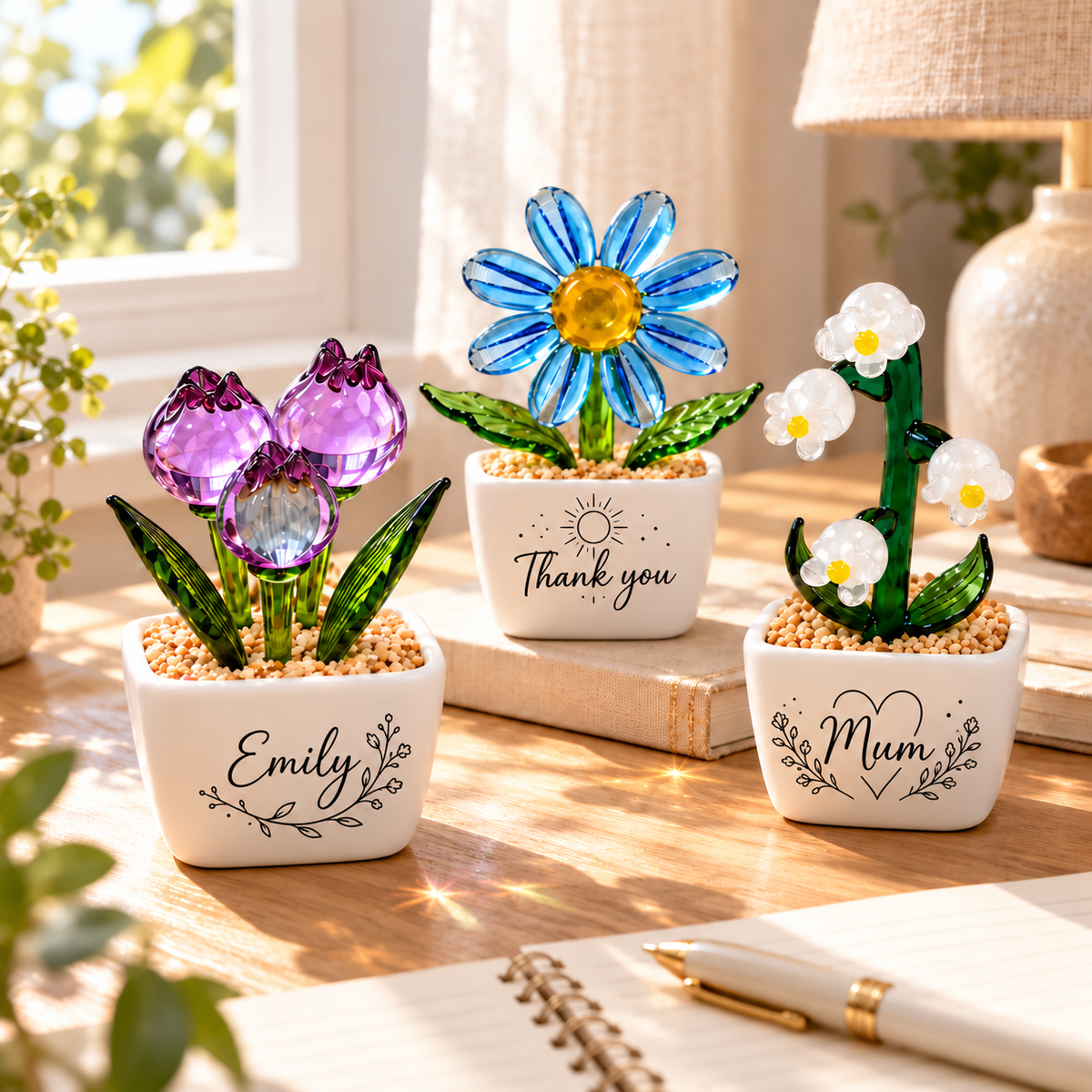 Personalised purple tulips, blue daisy and white lily bells on a sunlit desk. Personalisation example; one selected pot per order; props not included.