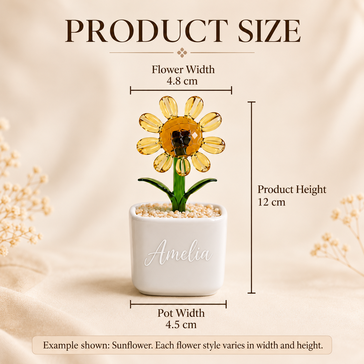 Sunflower example size: flower width 4.8 cm, pot width 4.5 cm, height 12 cm. Other flower styles vary in width and height.