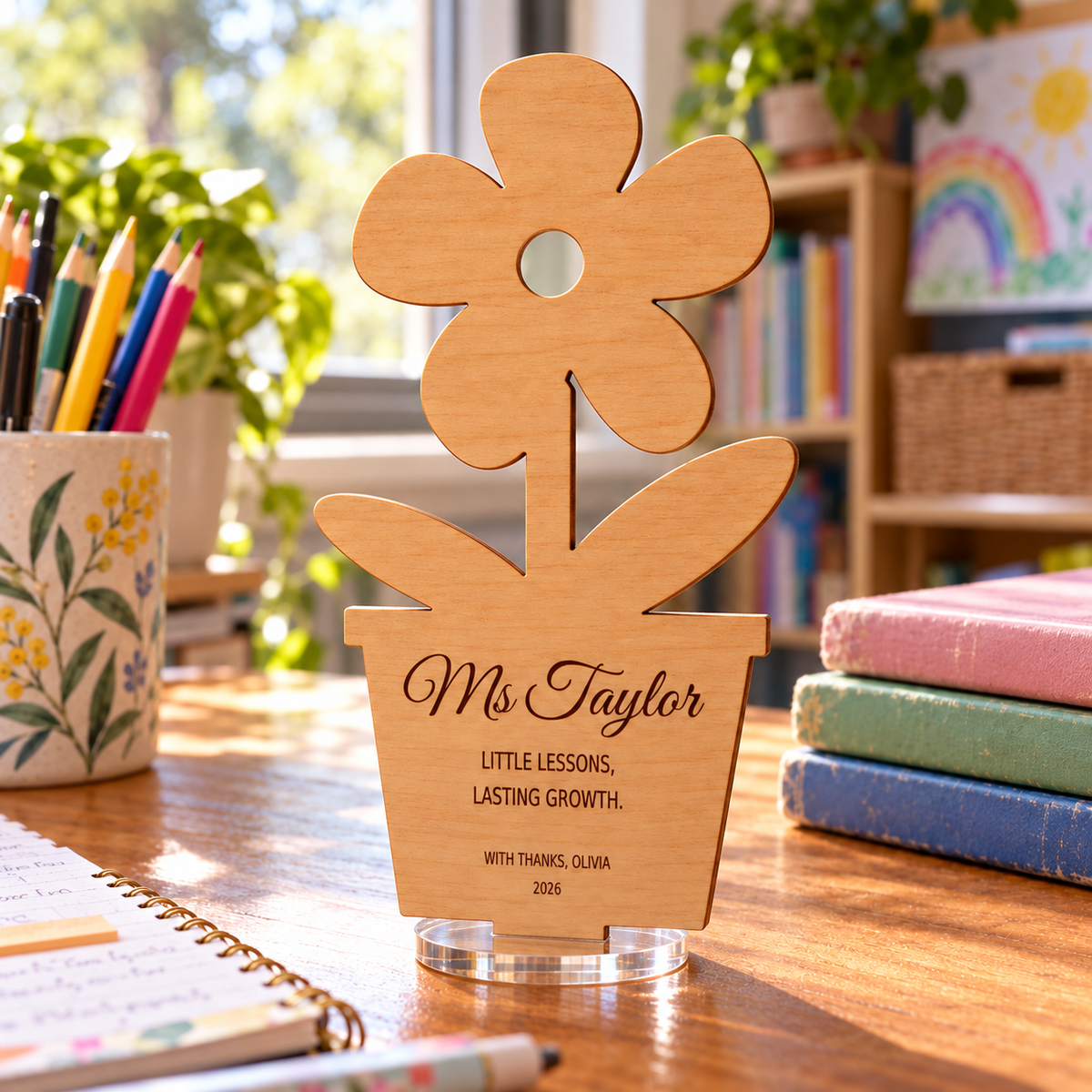 Personalised wooden flower-pot teacher plaque with clear acrylic stand on a sunlit classroom desk. Digital lifestyle visualisation; books, stationery and other styling props are not included.