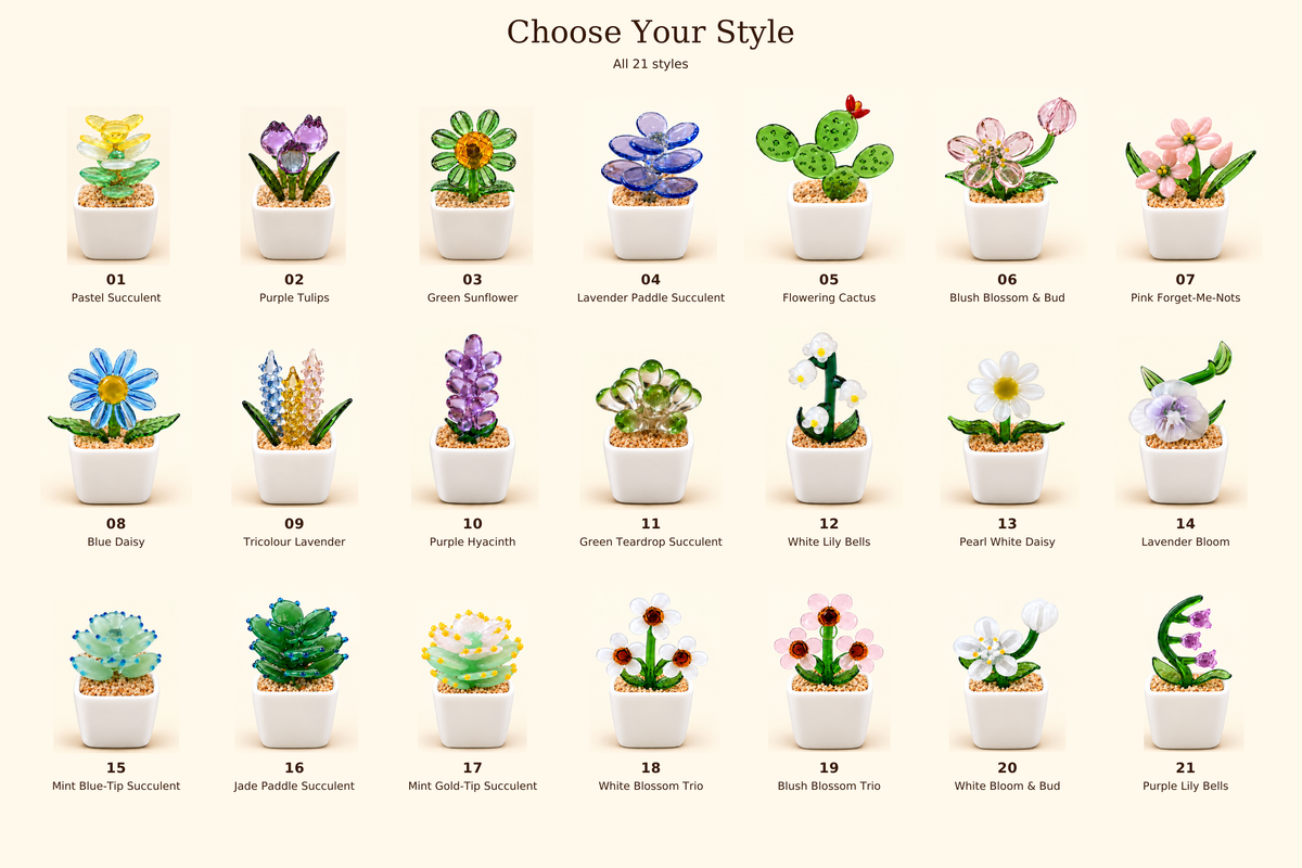 Choose your style — all 21 glass flower and succulent ornaments; price is for one pot.