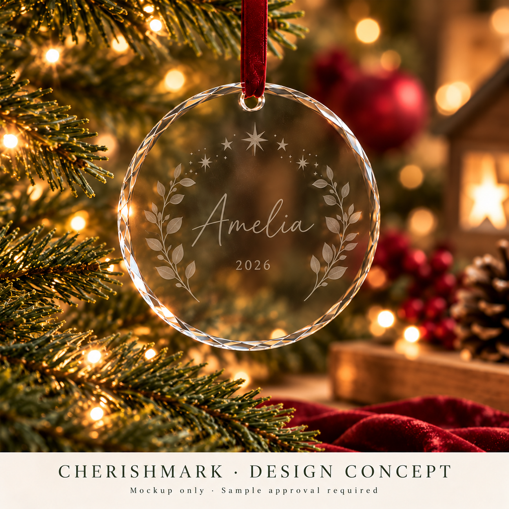Original glass-ornament personalised product design concept; AI-generated mockup, not a finished-product photograph. Light frosted-engraving visualisation; not opaque printed ink or a guaranteed physical finish.
