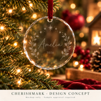 Original glass-ornament personalised product design concept; AI-generated mockup, not a finished-product photograph. Light frosted-engraving visualisation; not opaque printed ink or a guaranteed physical finish.