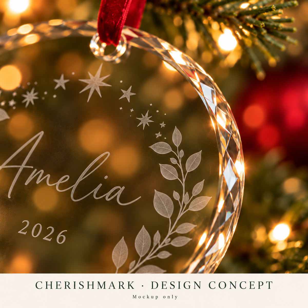 CherishMark glass-ornament: original AI-generated Christmas design concept, not an actual product photograph or tested engraving sample. Physical scale illustrative; props not included. Light frosted-engraving visualisation; not opaque printed ink or a guaranteed physical finish.