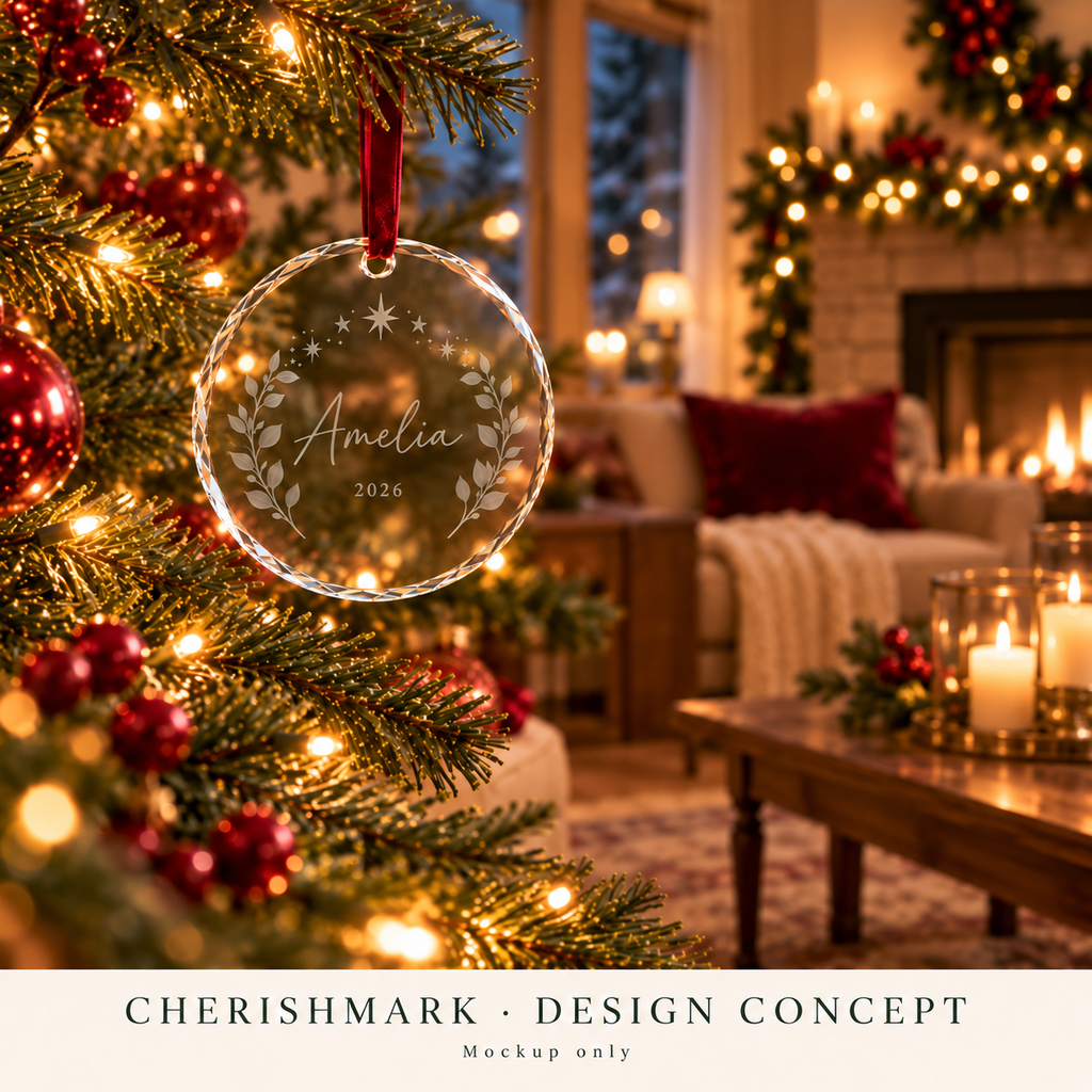 CherishMark glass-ornament: original AI-generated Christmas design concept, not an actual product photograph or tested engraving sample. Physical scale illustrative; props not included. Light frosted-engraving visualisation; not opaque printed ink or a guaranteed physical finish.