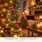 CherishMark glass-ornament: original AI-generated Christmas design concept, not an actual product photograph or tested engraving sample. Physical scale illustrative; props not included. Light frosted-engraving visualisation; not opaque printed ink or a guaranteed physical finish.