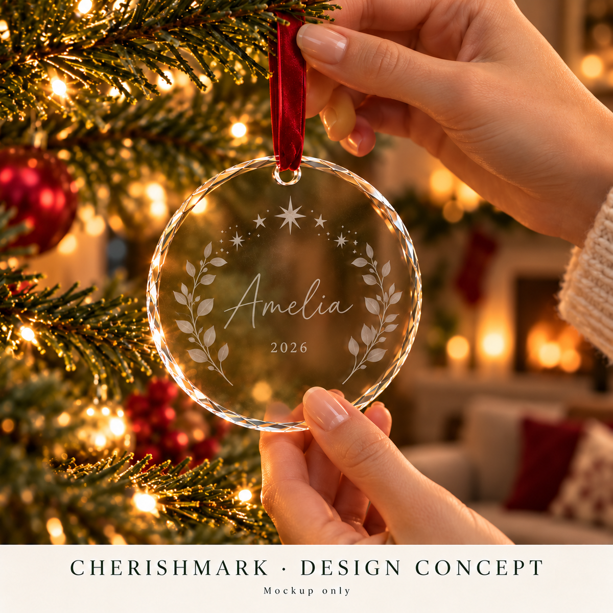 CherishMark glass-ornament: original AI-generated Christmas design concept, not an actual product photograph or tested engraving sample. Physical scale illustrative; props not included. Light frosted-engraving visualisation; not opaque printed ink or a guaranteed physical finish.