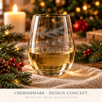 Original stemless personalised product design concept; AI-generated mockup, not a finished-product photograph. Light frosted-engraving visualisation; not opaque printed ink or a guaranteed physical finish.