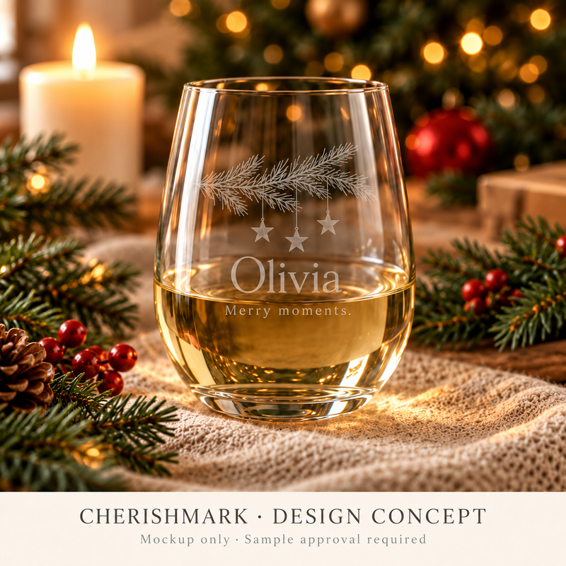 Original stemless personalised product design concept; AI-generated mockup, not a finished-product photograph. Light frosted-engraving visualisation; not opaque printed ink or a guaranteed physical finish.