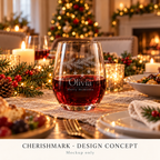 CherishMark stemless: original AI-generated Christmas design concept, not an actual product photograph or tested engraving sample. Physical scale illustrative; props not included. Light frosted-engraving visualisation; not opaque printed ink or a guaranteed physical finish.