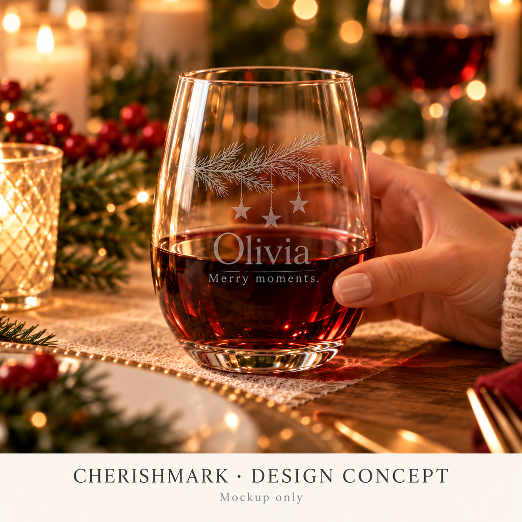 CherishMark stemless: original AI-generated Christmas design concept, not an actual product photograph or tested engraving sample. Physical scale illustrative; props not included. Light frosted-engraving visualisation; not opaque printed ink or a guaranteed physical finish.