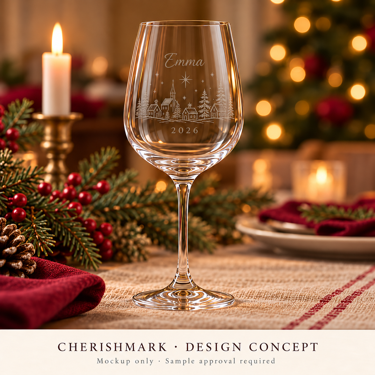 Original wine360 personalised product design concept; AI-generated mockup, not a finished-product photograph. Light frosted-engraving visualisation; not opaque printed ink or a guaranteed physical finish.